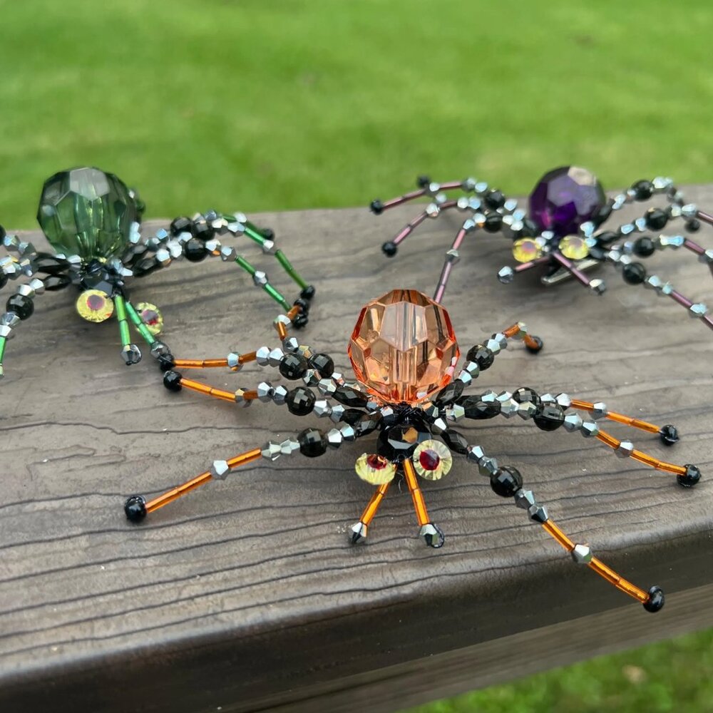 Halloween Beaded Faceted Ornate Spiders with Crystal Eyes Clips 3 Piece Set